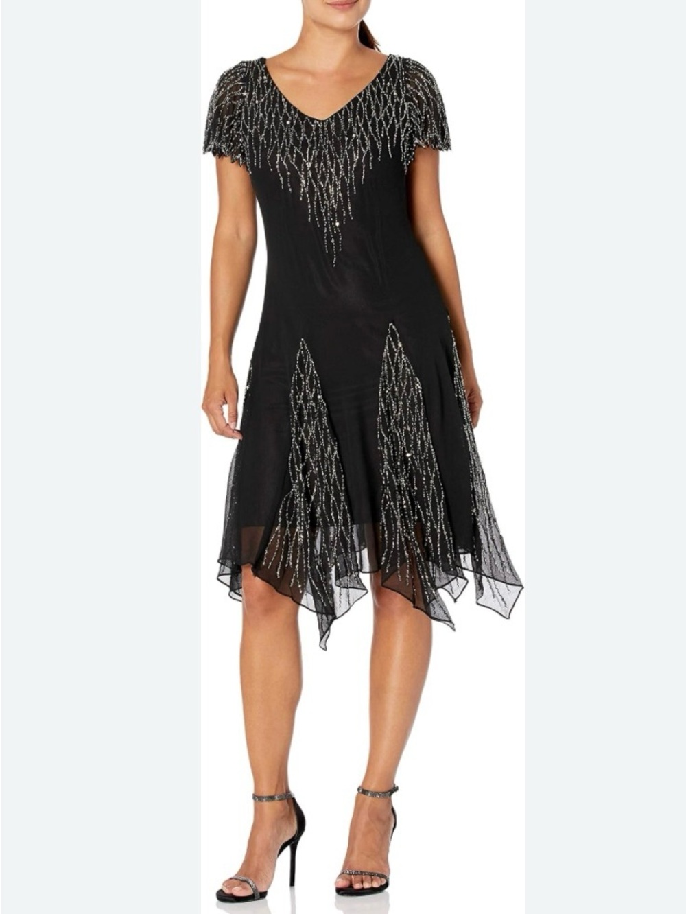 J. Kara Hand Beaded Formal Black V-Neck Handkerchief Hem Cocktail Dress 22W